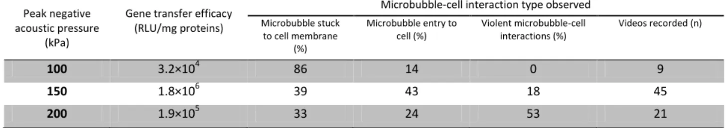 Table 1. Comparison between gene transfer efficacy values and microbubble-cell interaction type observed by 