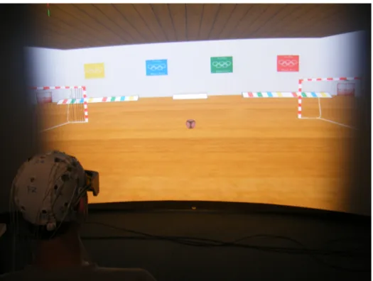 Figure 8: The Handball VR application. The user can move the virtual ball to- to-wards the left or right by imagining left or right hand movements.