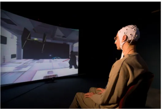 Figure 10: The “Use-the-force” application. In this application, the user can lift a virtual spaceship by performing real or imagined foot movements
