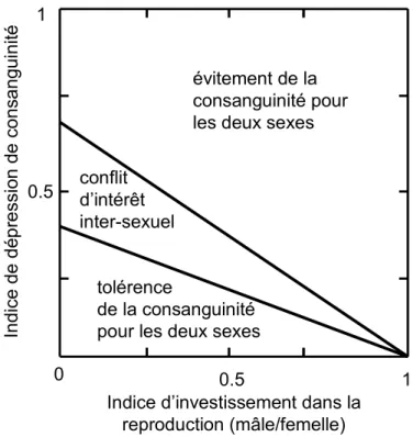 Figure 2 : Seuils théoriques définissant les conflits d’intérêt inter-sexuels dans le cas de l’évitement de  la consanguinité