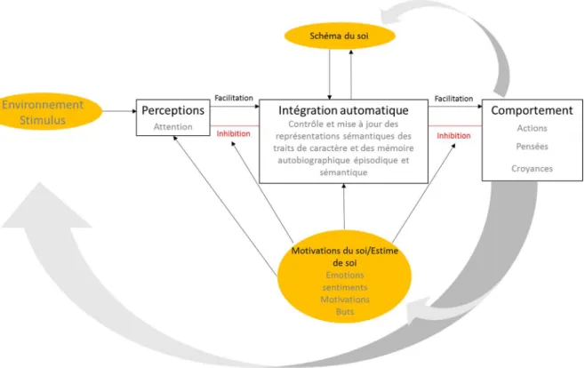 Figure 3. Illustration du rôle des facteurs internes (schéma du soi et motivation du soi/estime de soi) et  externes  (environnement)  dans  le  traitement,  la  mémorisation  d’informations  relatives  au  soi  et  la  régulation de l’estime de soi