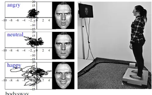 Figure 8. From Roelofs, 2017. Stabilometric force platform registering body sway. ( a ) Example of time  series  of  body  sway  displacements  (in  millimeters  in  the  anterior–posterior  as  well  as  lateral  dimensions) in response to angry, neutral 