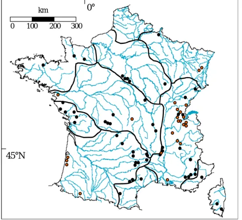 Figure 2 : Position des sites d'étude en France et délimitation des principales zones  hydrographiques