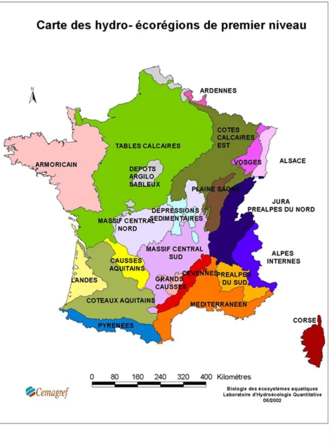 Figure 10. Carte des hydro-écorégions de niveau 1 de la France métropolitaine 