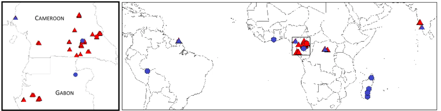 Figure 1-3. Distribution of datasets across the tropics. Dots and triangles represent tree-level destructive datasets  and  field  plot  inventories,  respectively