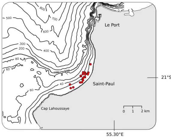 Fig. 2.6 – Bathym´ etrie de la baie de Saint-Paul. Les isobathes sont distantes de 20 m entre la cˆ ote et la profondeur de 100 m et distants de 100 m au del` a de 100 m de profondeur