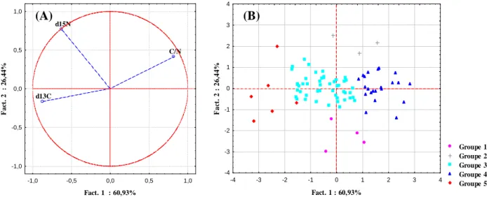 Figure 1.17 : Analyse en composantes principales (ACP) réalisée à partir des rapports isotopiques et  élémentaires  des  groupes  (combinaisons  mois-stations) :  (A)  =  projections  des  variables,  (B)  =  projections des 5 groupes identifiés par la CAH