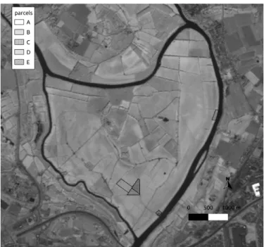 Figure 1.1 – Cartography of the study site with parcels sampled. Background is a grayscale SPOT image.