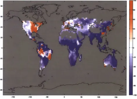 Figure  4-3:  CLM-AG  water  deficit  for  irrigated  maize - relative  difference  (in  percent) between the CAM run  and the NCC run (a positive percentage indicates  that  IGSM-CAM  is drier than NCC),  1990-1999 average.