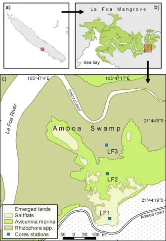 Fig. II-3: Location of the Amboa Swamp study area in New Caledonia (a) and in the La Foa estuary system (b)