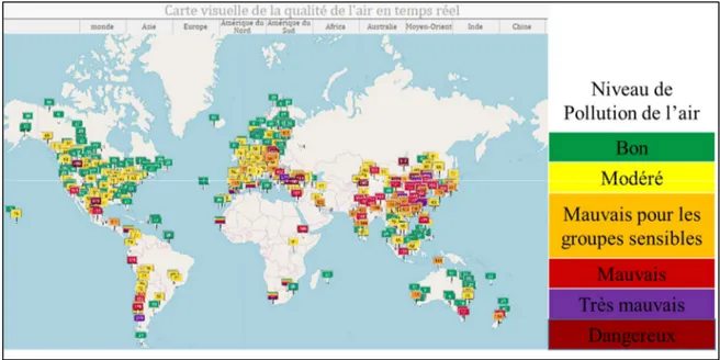 Figure 1 : Carte de la qualité de l’air en temps réel dans le monde le 18 /05/2018. 