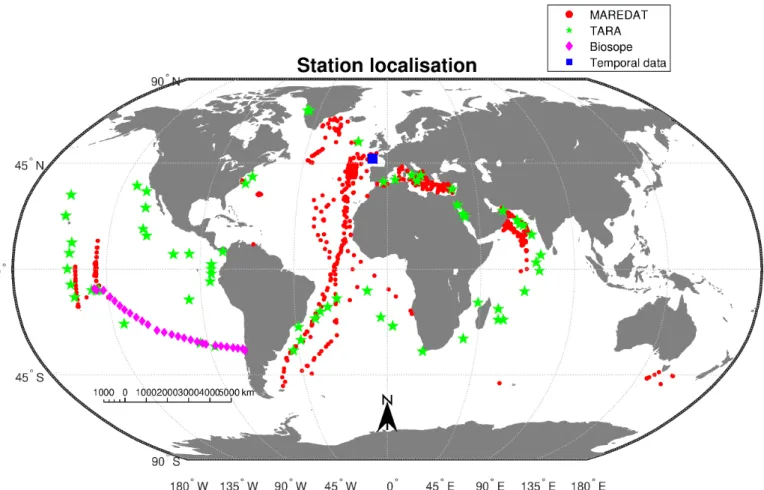 Figure 1. Geographical repartition of the stations. Red dots represent the repartition of the 1614 stations from MAREDAT constituting the training set, green stars represent the repartition of the 66 stations from Tara constituting the test set.