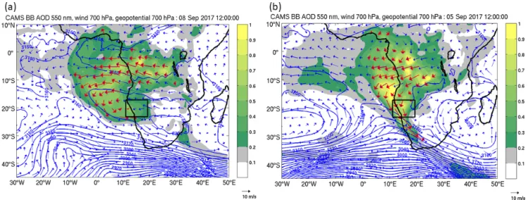 Figure 2. Regional atmospheric circulation and aerosol for (a) 8 September 2017 and (b) 5 September 2017 at 12:00 UTC