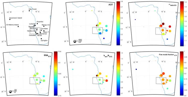 Figure 4. Mean values of AOD at 550 nm, α 440−870 , SSA at 675 nm, ratio of the imaginary part of the refractive index (k) between 441 and 675 nm, and the fine- to coarse-mode fraction of the aerosol volume concentration from 15 AERONET sites in the southe