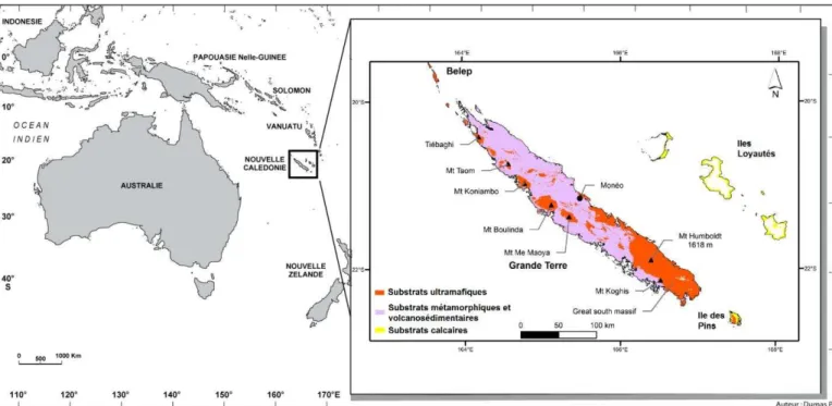 Figure 11. Localisation de la Nouvelle-Calédonie dans la région Australasie  (modifié de la carte de Dumas et al., 2013 et carte simplifiée des substrats 