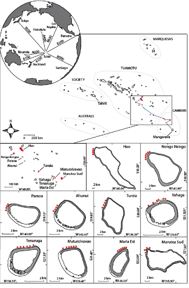 Fig.  2.4  Carte  des  déploiements  de  S-BRUVS  sur  10  atolls  de  Polynésie.  Les  récifs  des  atolls  sont  délimités par des traits continus, les parties émergées sont grisées