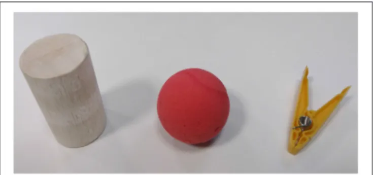 FIGURE 5 | The objects used for the grasping task. From the left to the right, a cylinder made from Balsa wood from the kit of objects from the SHAP (Light et al., 2002) (diameter 60 mm, weight 30 g), a compliant foam tennis ball (diameter 70 mm, weight 12
