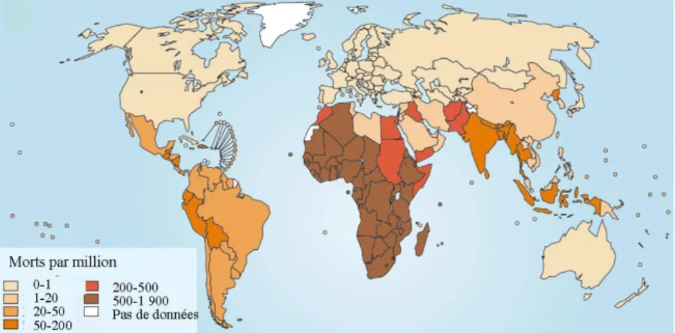 Figure 1 : Carte montrant l'incidence mondiale des décès causés par des maladies  à transmission vectorielle (World-Health-Organization, 2004)