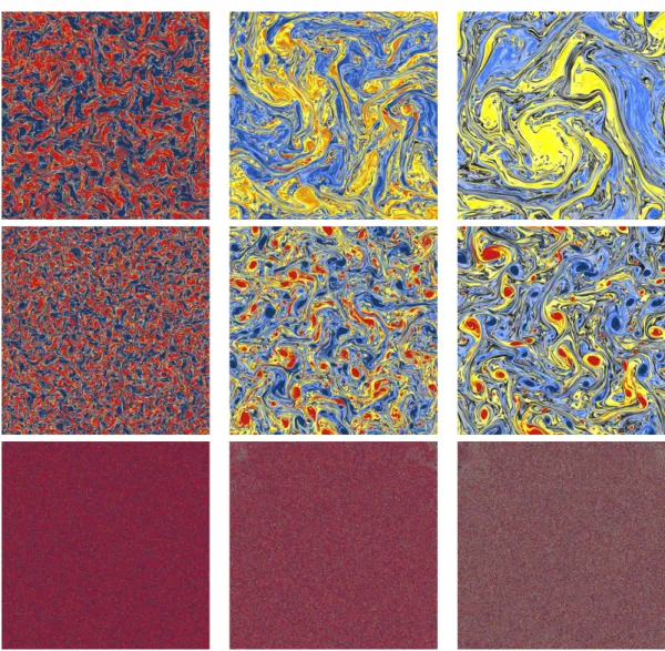 Figure 10: Why do we need to remesh ? Evolution of an initially random vorticity dis- dis-tribution, using a first order time integrator (top), a 4th order time integration (middle), a 4th order time integrator without remeshing during the simulation (bott