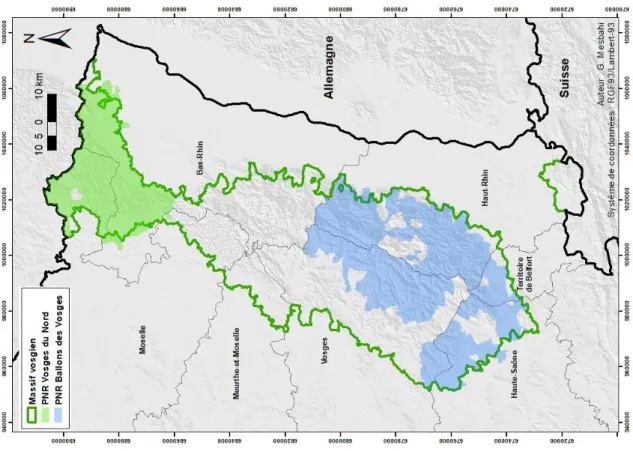Figure 8 Carte des limites du massif vosgien et des Parcs Naturels Régionaux 