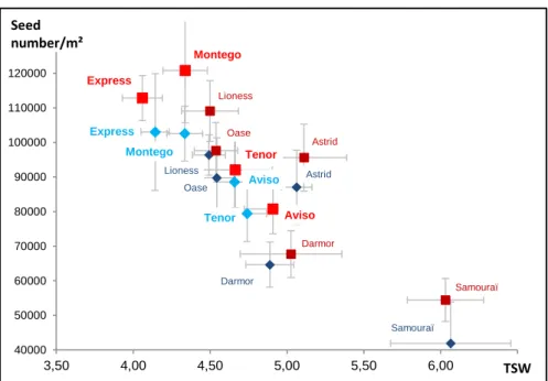 Figure II.A- 2. Relationship between the thousand seed weight (TSW) and the seed number/m² for the nine WOSR genotypes
