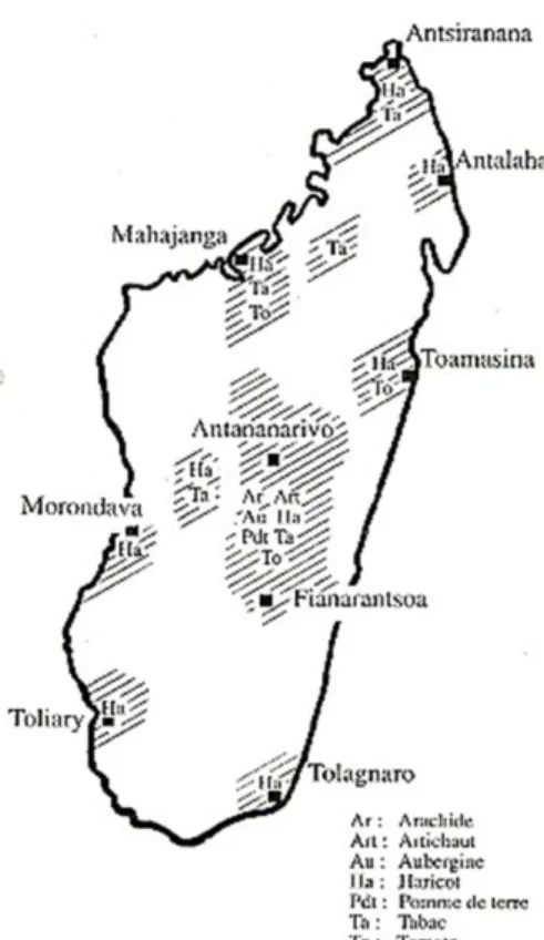 Figure  3  –  Répartition  géographique  des  souches  du  ceRs  à  Madagascar.  Source :  http://www.agriculture-biodiversite-oi.org