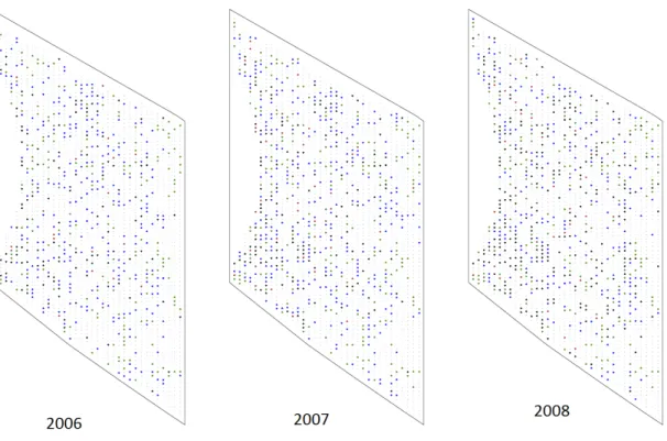 Figure 2.1: État des cep pour la parcelle 12 de 2006 à 2008. Gris : sains ; bleu : symptômes esca ou BDA ; noirs : morts ; verts : morts passés ; marrons : symptômes d'Eutypiose.