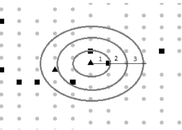 Figure 3.1: Spatial distribution of esca diseased vines (black) and healthy vines (grey), and the locations of the 1st-3rd neighbors, represented by the three circles, of one newly-diseased vine (black triangle).