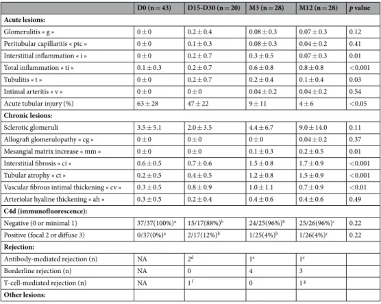Table 2.  Histological features of renal biopsies at D0, D15-D30, M3 and M12. Digital data are means  ± standard deviation