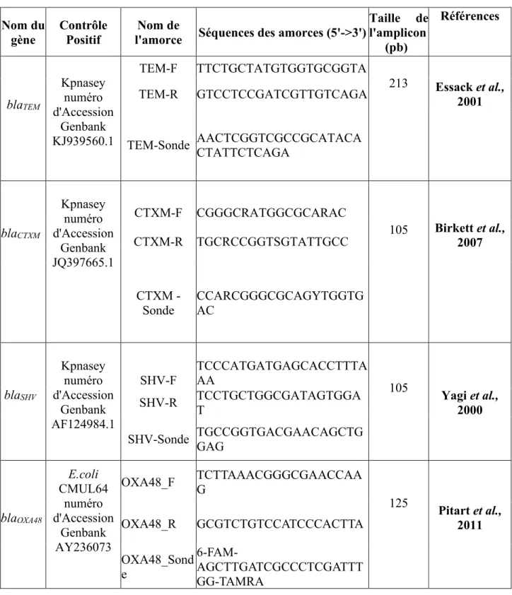 Tableau IV : Amorces utilisées pour la détection des gènes de résistance aux β-lactamines par la                          PCR en temps réel  Nom du  gène  Contrôle Positif  Nom de 