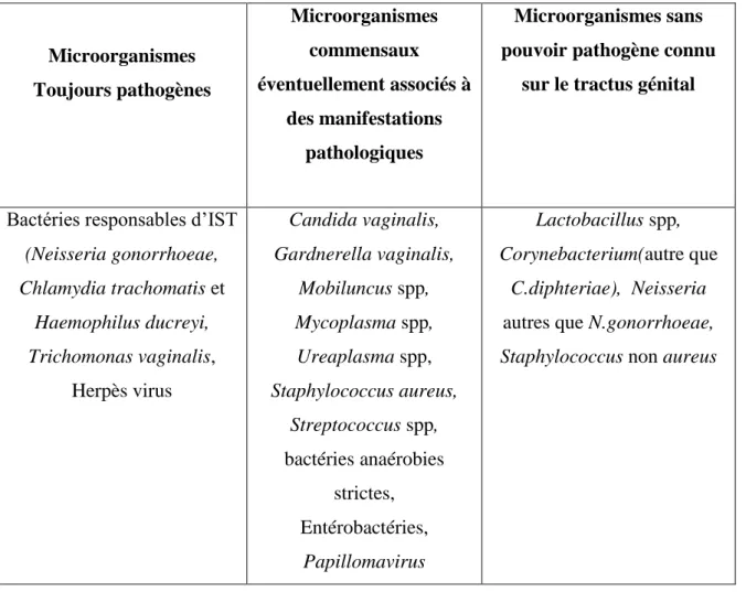 Tableau I :  Microorganismes des voies génitales féminines [17] Microorganismes  Toujours pathogènes  Microorganismes commensaux  éventuellement associés à  des manifestations  pathologiques  Microorganismes sans  pouvoir pathogène connu 