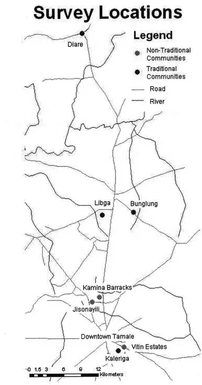 Figure 4: Survey  Locations in the Northern Region  of Ghana Map by Jenny VanCalcar, 2006