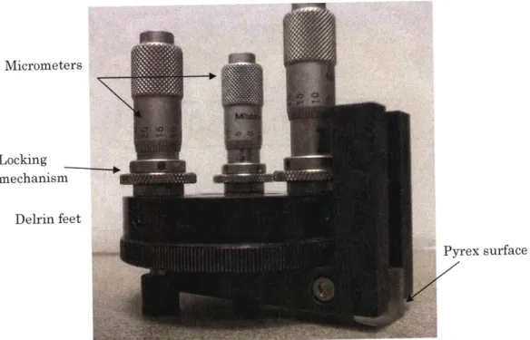 Fig. 2.4:  Photograph  of tripod polisher.  The Pyrex  surface  onto  which the sample is  mounted is  visible at the bottom  right of the image