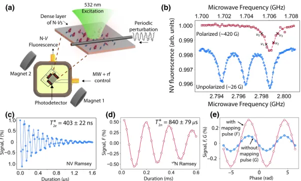 FIG. 1. Control and readout of spin ensembles. (a) Schematics of the experimental device (see the main text for a description).