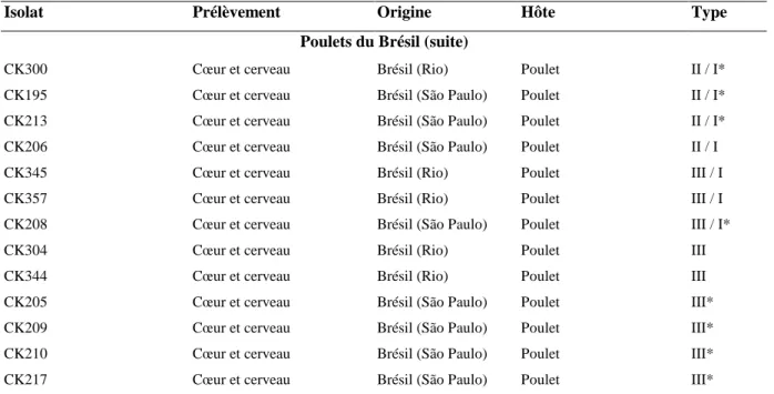 Tableau 4. Typage de 53 isolats de poulets du Brésil avec cinq marqueurs microsatellites