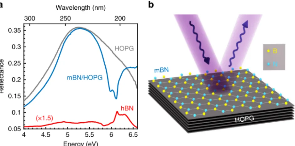 Fig. 1 Surface morphology of epitaxial monolayer BN on graphite. Atomic force microscopy (AFM) of mBN grown on HOPG (boron cell temperature T B = 1875 °C, growth temperature T g = 1390 °C and growth time of 3 h)