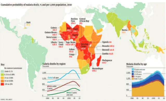 Figure 1: An illustration of malaria transmission, death occured by region in accordance with WHO,World Malaria Report,2010, (Courtesy: Jenny Ridley)