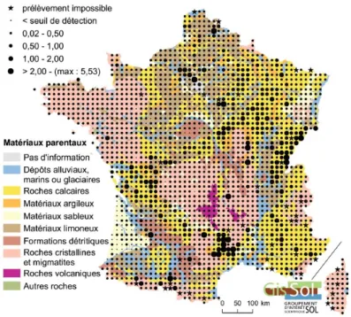 Figure 8 : teneur en Cd (mg.kg -1 ) dans la partie superficielle des sols en France métropoliataine