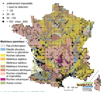 Figure 9 : teneur en Cu dans la partie superficielle des sols en France métropoliataine