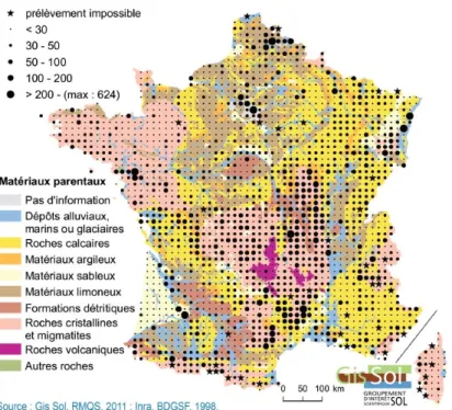 Figure 10 : teneur en Pb dans la partie superficielle des sols en France métropolitaine
