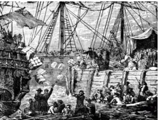 Figure 3: A group of angry Bostonians disguised as Mohawk Indians and  armed with tomahawks boarded the British ships at Griffin’s Wharf in  Boston harbor and threw the tea