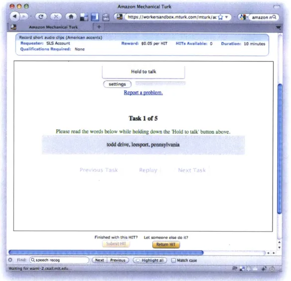 Figure  3-1:  A  sample  Human  Intelligence  Task  (HIT)  for  collecting  spoken  addresses through Amazon  Mechanical  Turk.