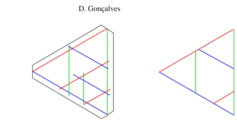 Fig. 5. (left) A 3-slopes segment representation inside an hexagon. (right) A scheme representing its shape.