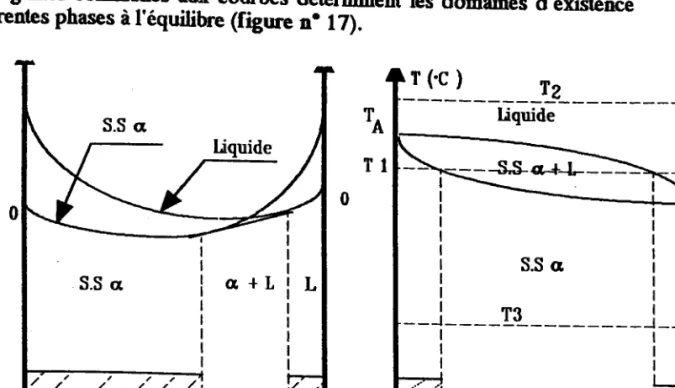 Diagramme  d'équilibre de phase à un seulfuseau et courbes d'enthalpie libre de fo,rmation de phases.