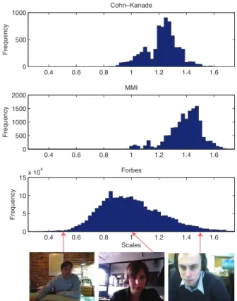 Figure 9 shows a histogram of the relative scales of the faces detected. Examples shown for scales of 0.5, 1 and 1.5