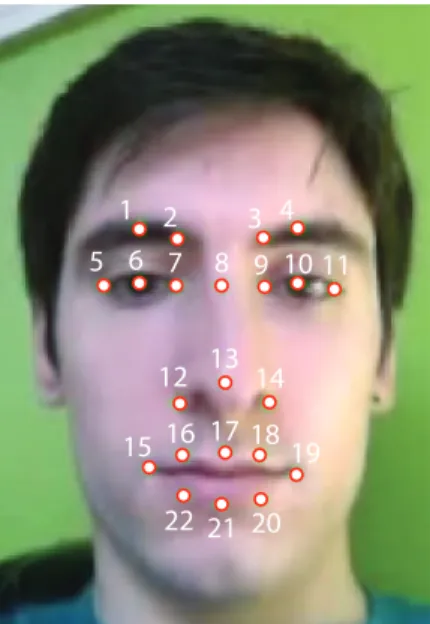 Figure 6-6: Locations of the 22 landmark points automatically labeled using the Nevenvi- Nevenvi-sion tracker.