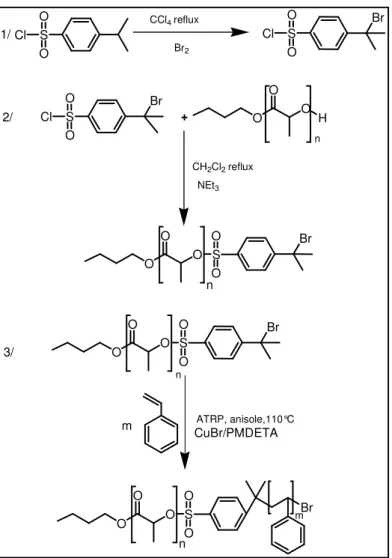 Figure  II-2.  Stratégie  de  synthèse  pour  la  génération  des  copolymères  diblocs  PLA-b-PS  fonctionnalisés par le groupement –SO 3 (H) à la jonction entre les deux blocs