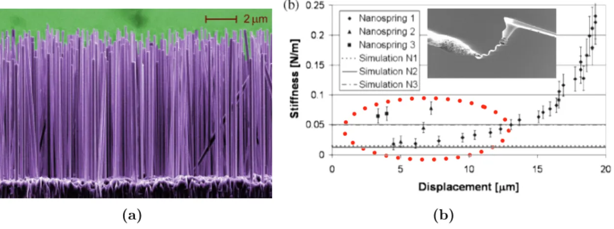 Figure 1.18 - Nanostructures examples (a) NIST array of SIlicon NWs (b) Helical Nanobelt Characterisation with an atomic force microscope cantilever