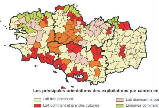 Figure 1.9. Répartition de la production agricole en Bretagne. La production laitière est présente dans  tous les cantons en différentes proportions (DRAAF Bretagne, 2009) 