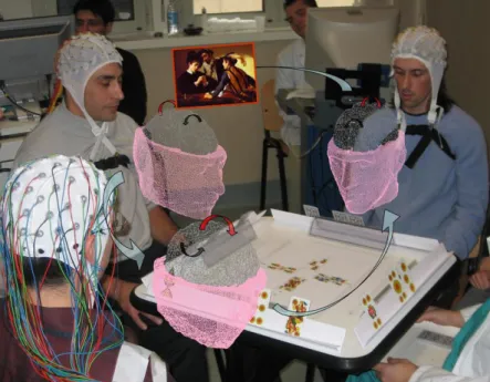 Figure 1.6 Expérience effectuée en hyperscanning en utilisant plusieurs dispositifs EEG à haute résolution lors d’un jeu  de cartes